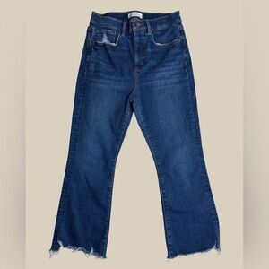 Loft The Kick Crop High Waist Flare Crop Denim Jeans Raw Hem Dark Wash SZ 29/8